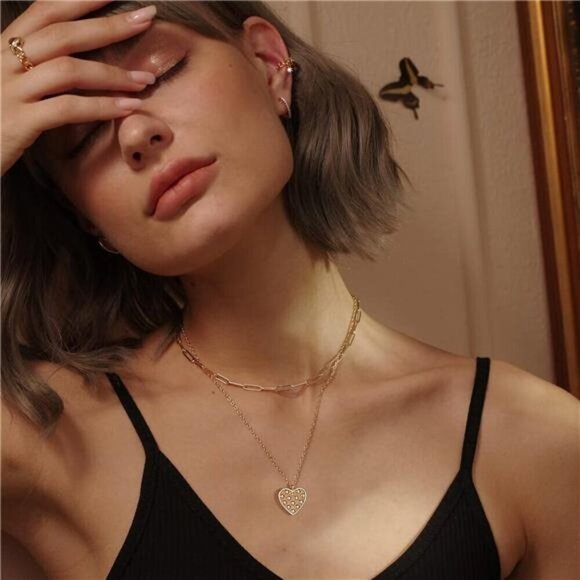 Heart Necklace Pendant Handmade 18k Gold Plated Dainty Gold Layering Long Women - Picture 2 of 8